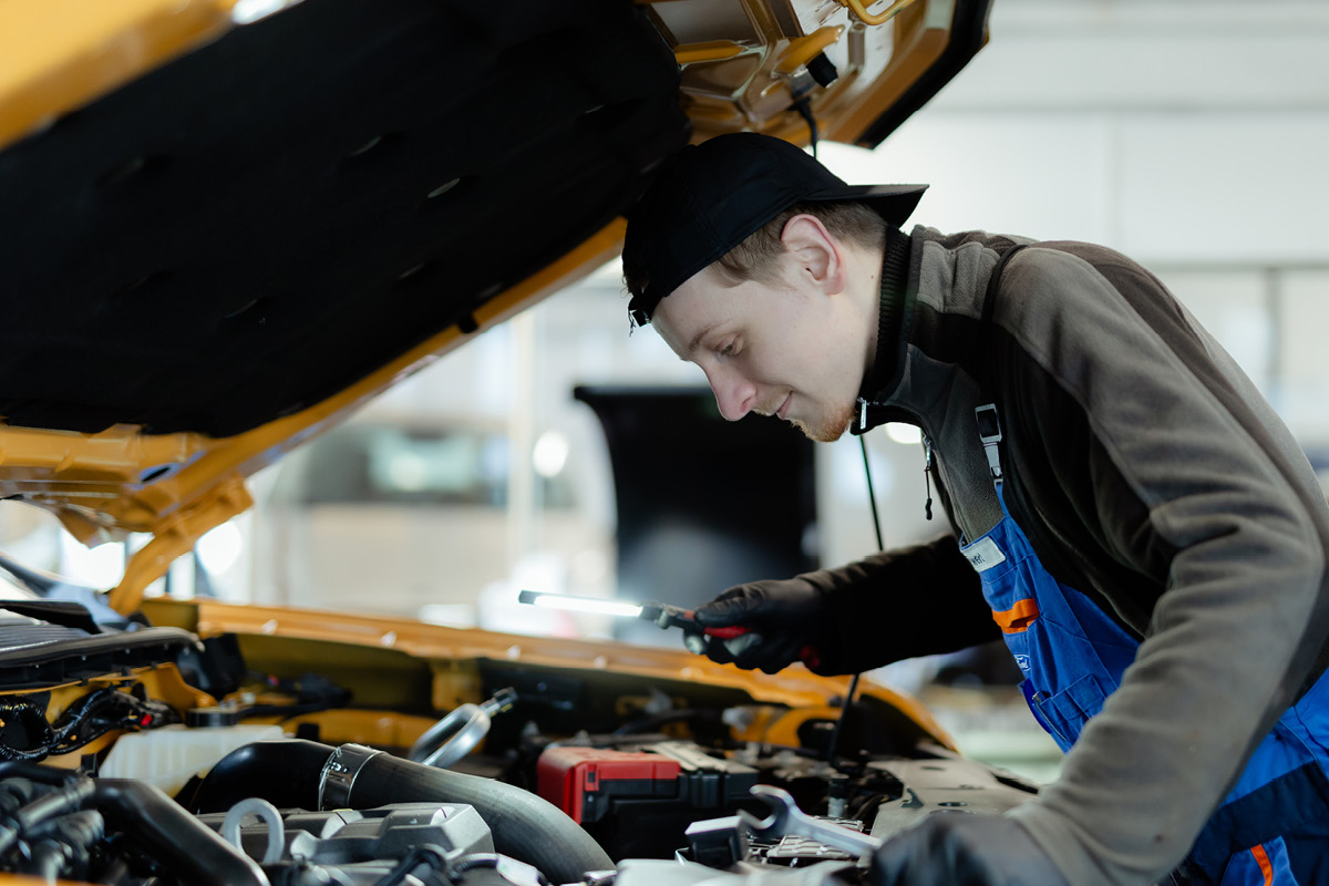 Im Rückspiegel eines Autos sieht man einen gelben SUV, der bei Sonnenuntergang durch blühende Felder fährt. Darüber liegen drei Piktogramme: Checkliste/Inspektion, Schutz/Versicherung und Wartung/Reparatur.