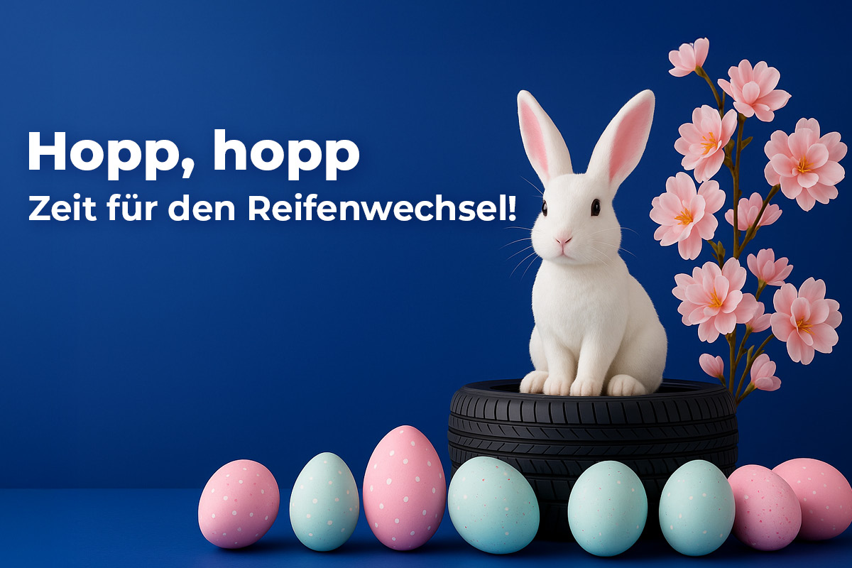 Weißer Hase sitzt auf einem Autoreifen vor dem pinke und blaue Eier liegen